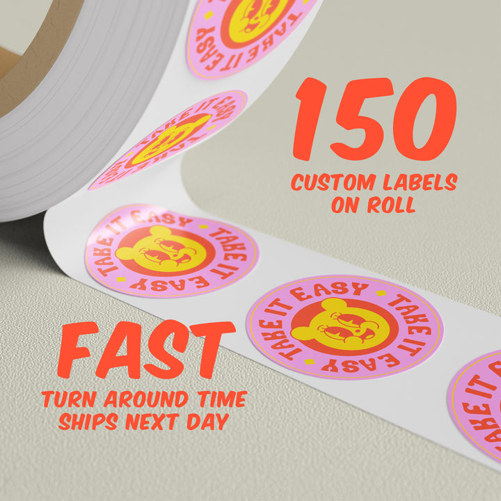 150 Premium Gloss Weatherproof Labels on a Roll-Customized with Your Logo Design-Ships the Next Day.Free Proof Before Printing and Shipping